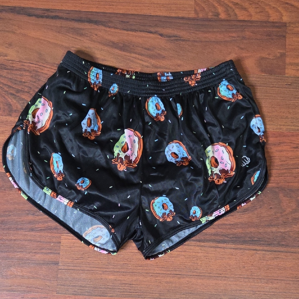 Feed Me Fight Me Black Athletic Shorts with Colorful Donut Print